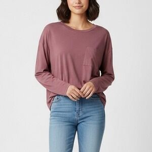 Pact Organic Cotton Long Sleeve Pocket Tee in Wine Red Size Large